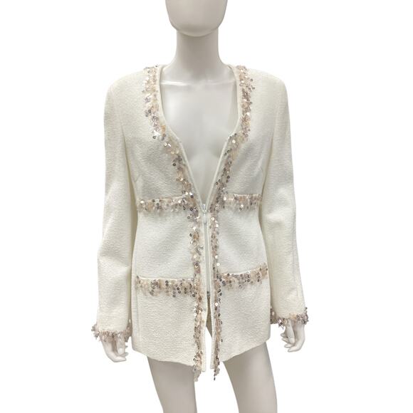 NWT Féraud Blazer Women’s Size 8 Zip Up Sequin Trim Pockets V-Neck Off White - Picture 1 of 7